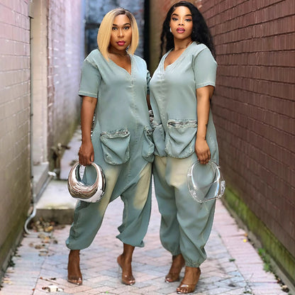 Trendy Women'S Loose Fit Denim Jumpsuit With Pockets