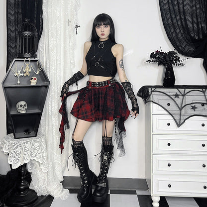 Black Checkered Polka Dot Mesh Mini Skirt