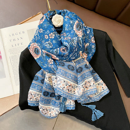Ethnic Style Spring And Autumn New Blue Cotton Hemp Feel Thin Scarf With Flower Splice Fragmented Flower Retro Versatile Shawl