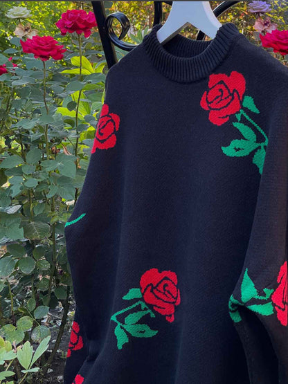 Colorful Rose Knit Sweater Casual Pullover