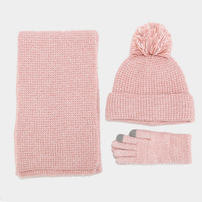 3 Pcs Winter Thermal Beanie Hat Scarf Gloves Sets
