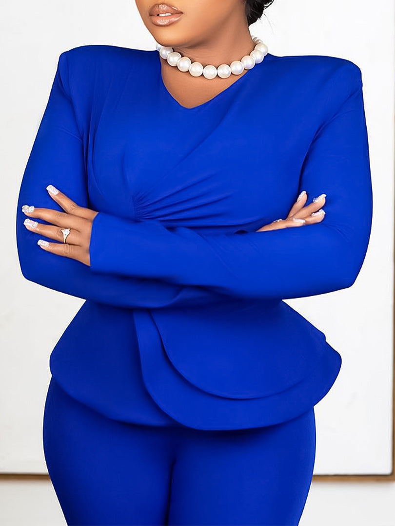 Elegant Ruffled V-Neck Top And Pants Set