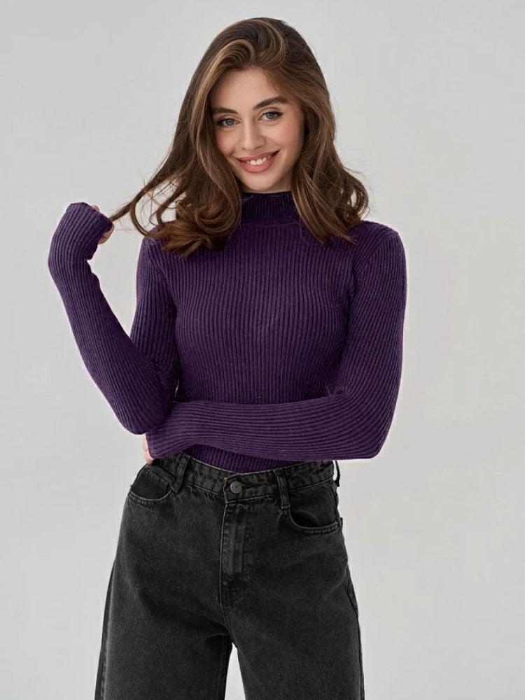 Solid Color Half Turtleneck Sweater Slim Fit Knitted Top