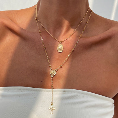 Hip Hop Cross Pendant Necklace With Imitation Pearl Chain