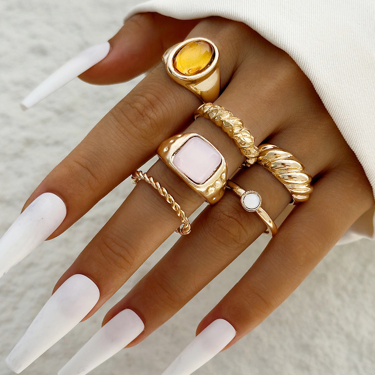 Retro Geometric Adjustable Ring Set With Gemstone Inlays