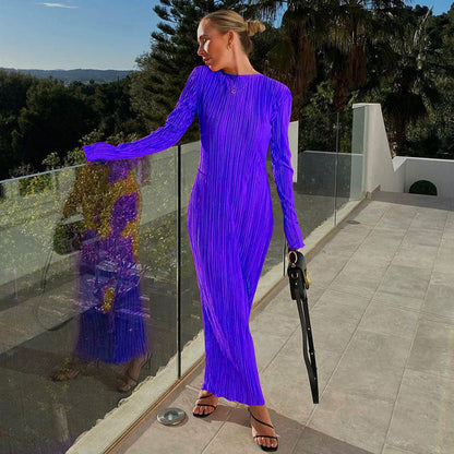 Women'S Fashion Casual Solid Color Round Neck Long Sleeves Slim Pleated Long Skirt Pressed Pleated Dress