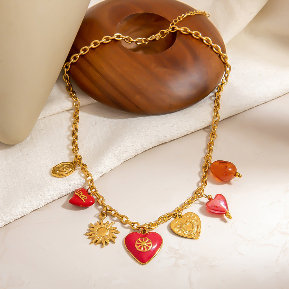 Heart Sun Pendant Stainless Steel Necklace Elegant Locking Clavicle Chain
