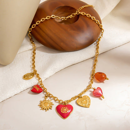 Heart Sun Pendant Stainless Steel Necklace Elegant Locking Clavicle Chain