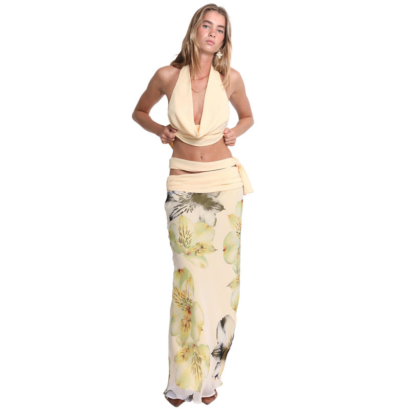Trendy Sexy Backless Halter Top & Long Skirt Set