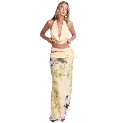 Trendy Sexy Backless Halter Top & Long Skirt Set