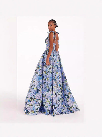 Elegant 3D Floral Maxi Dress With U-Neckline For Business Casual