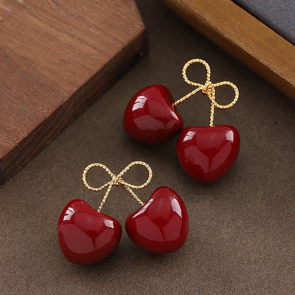 French Cherry Pearl Earrings Stylish Silver Needle Ear Studs