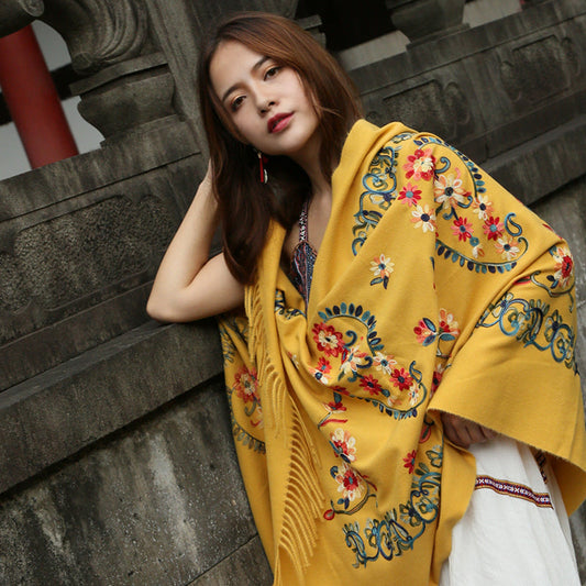Thickened Imitation Cashmere Embroidered Scarf Shawl Dual-Purpose Autumn And Winter Warmth, Large Size High-End Retro National Style
