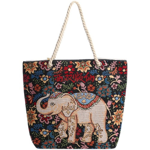 Ethno-Style Black Flower Elephant Double-Sided Jacquard Embroidery With Gold Wire Canvas Chain Tote Shoulder Bag