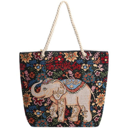 Ethno-Style Black Flower Elephant Double-Sided Jacquard Embroidery With Gold Wire Canvas Chain Tote Shoulder Bag