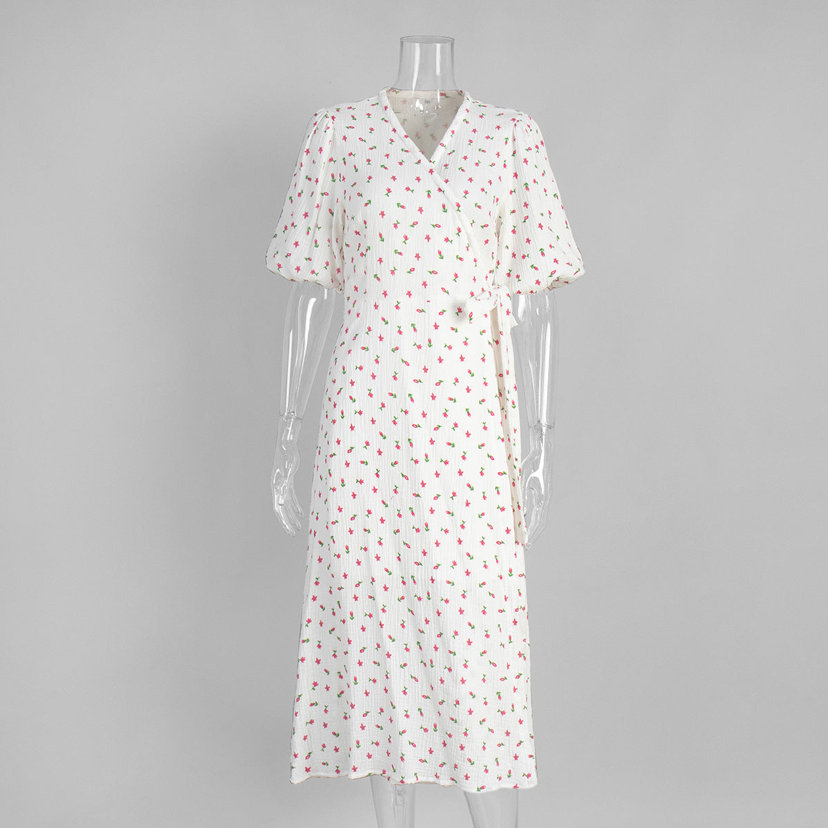 Floral Print Cotton A-Line Dress with Puff Sleeves