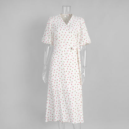Floral Print Cotton A-Line Dress with Puff Sleeves