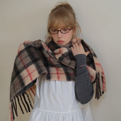 Japanese-Inspired Plaid Scarf Soft Wool Blend Shawl