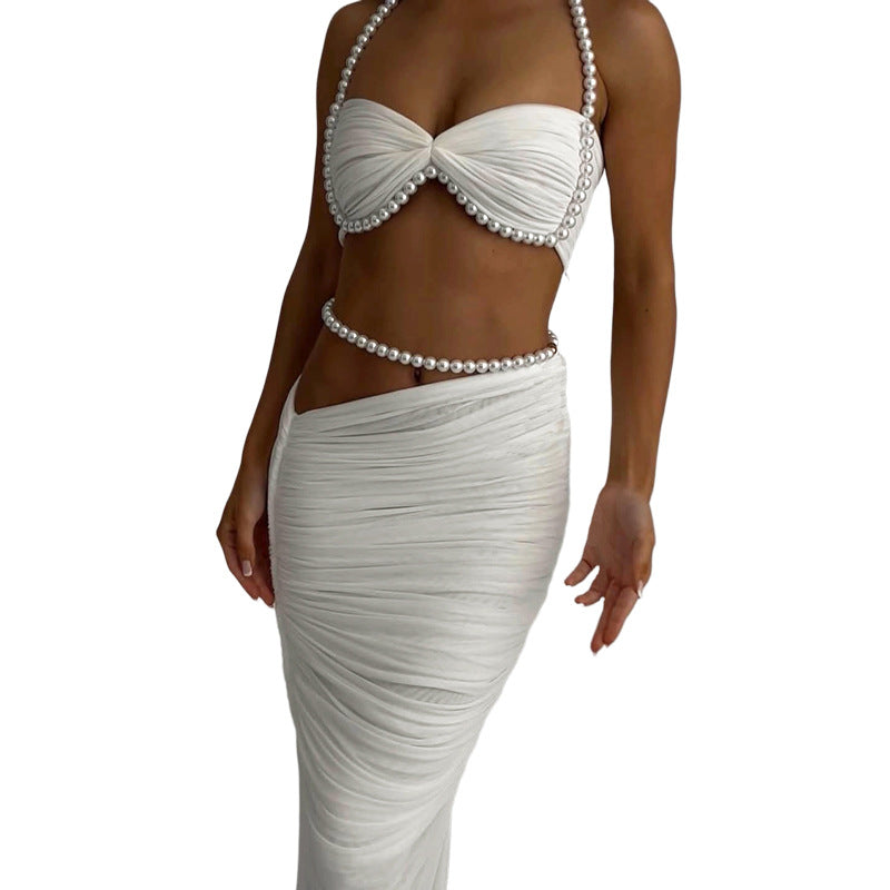 Sexy Hollow-Out Pearl Decor Crop Top And Bodycon Maxi Skirt Set
