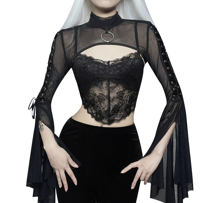 Black Sheer Mesh Long Sleeve Top with Ruffled Sleeves