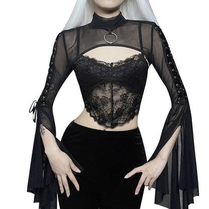 Black Sheer Mesh Long Sleeve Top with Ruffled Sleeves