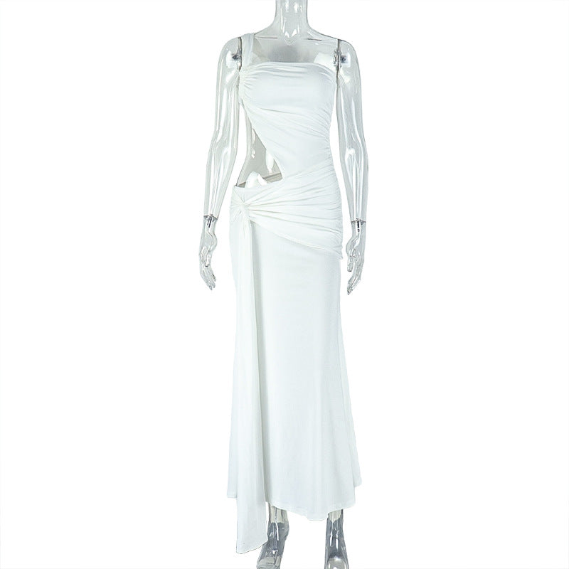 Solid Color Bodycon Backless Ruched Midi Dress