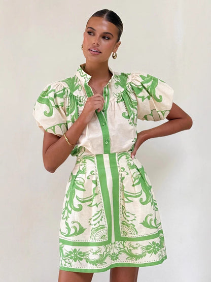 Linen Floral Puff Sleeve Short Skirt Set