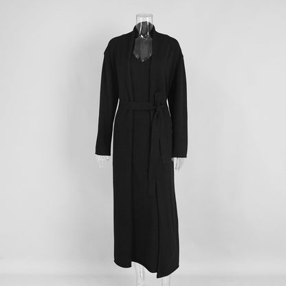 Knitted Long Sleeve Cardigan And Camisole Dress Set Soft Casual Ensemble