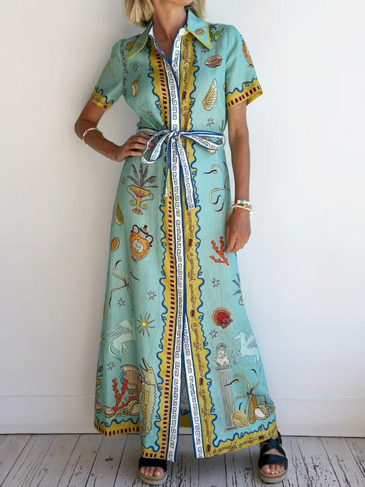 Casual Doodle Pattern Lantern Sleeve Cardigan Dress