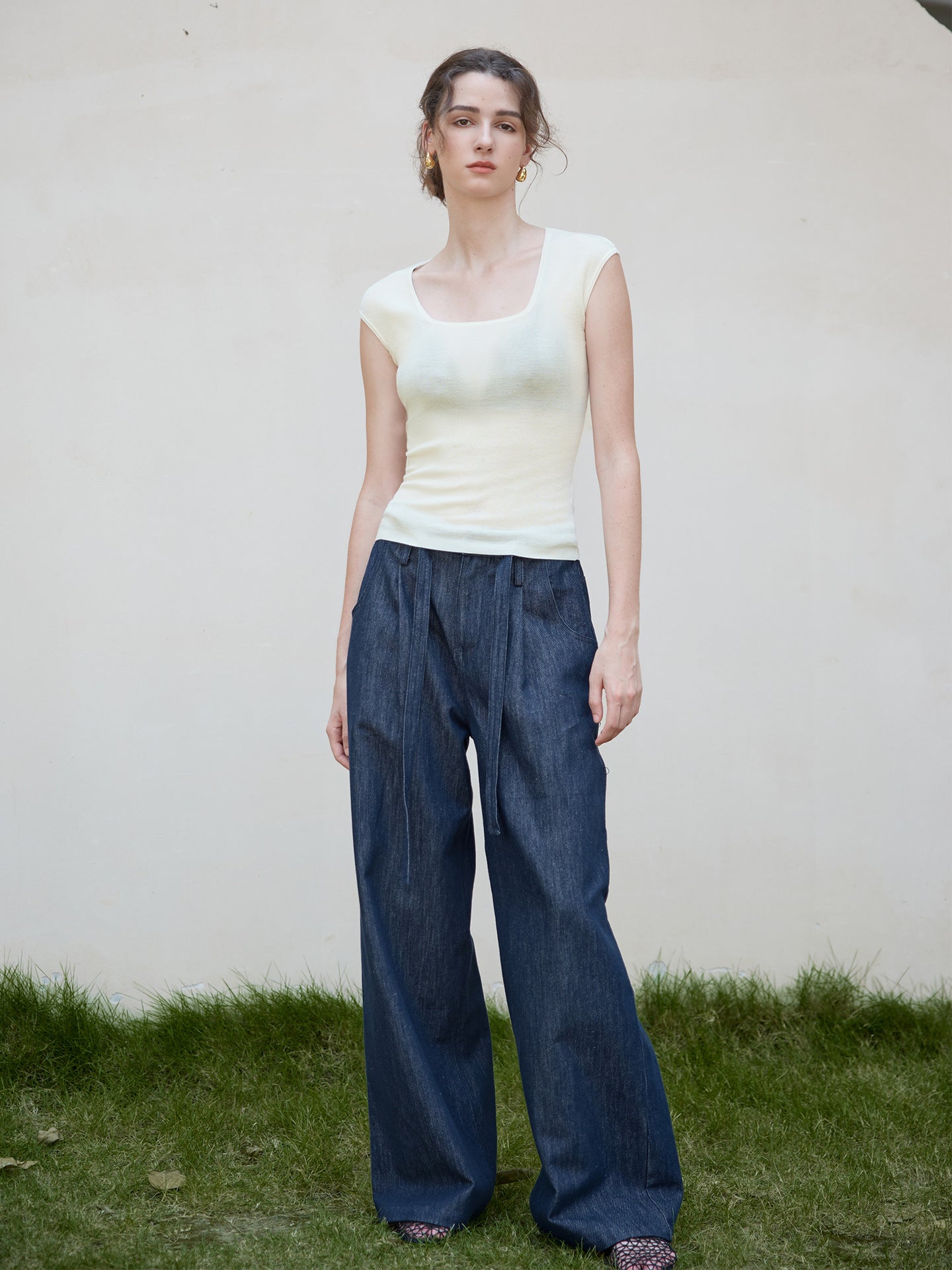 Feminine Square Neck Wool Blend Short Sleeve Top