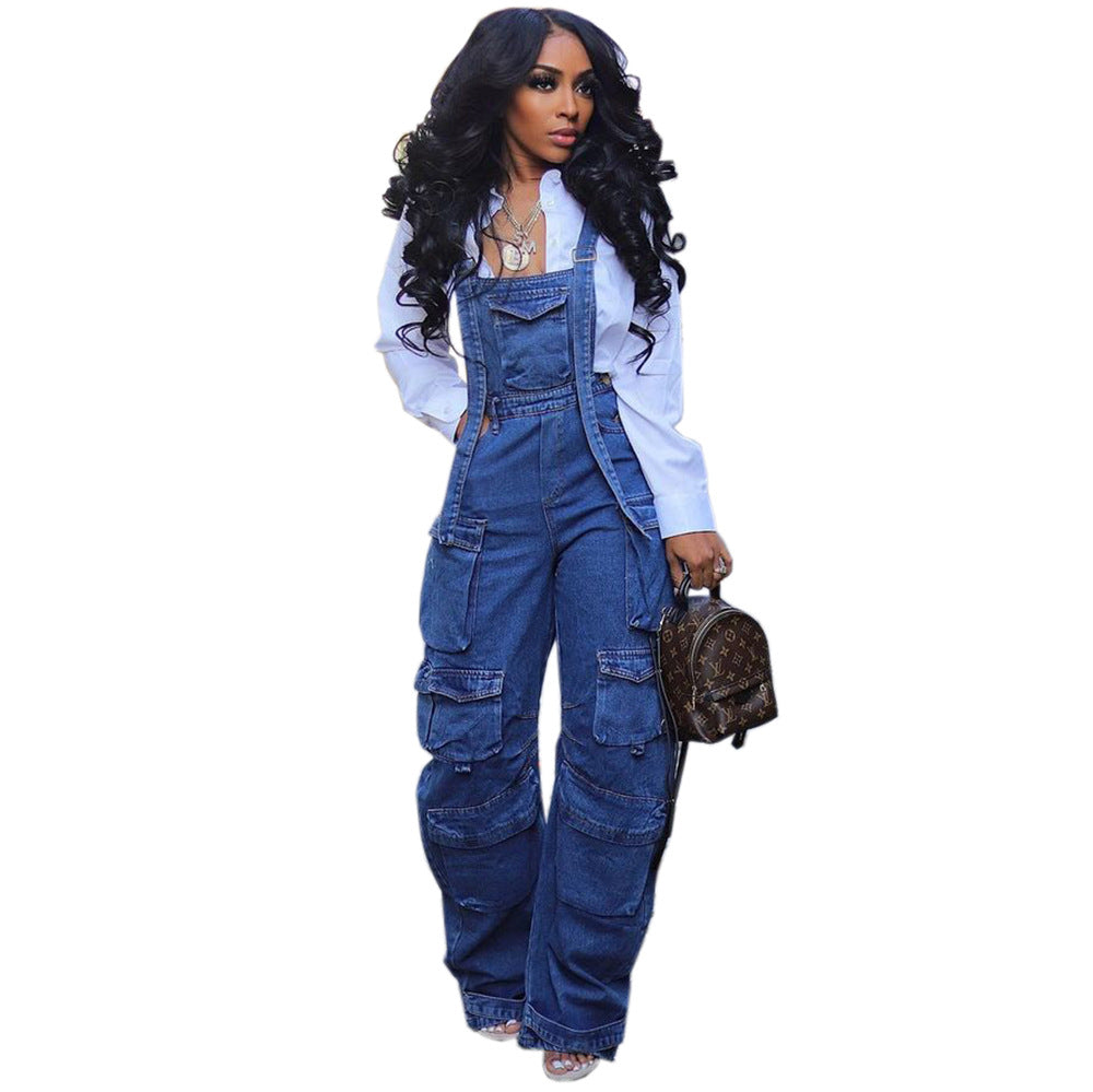 Loose Fit Denim Overalls With Pockets For Women