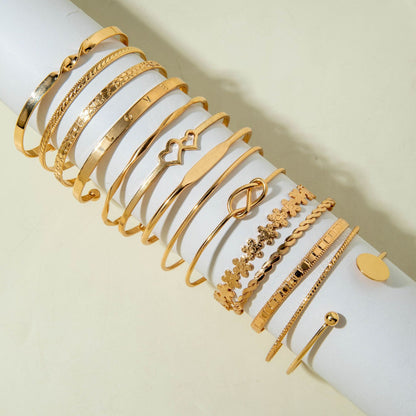 Vintage Geometric Open-Cuff Gold Bracelet Set