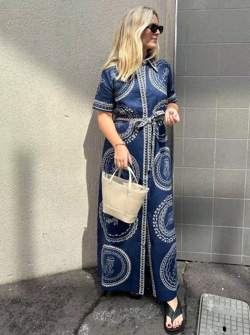 Elegant Blue Linen A-Line Dress with Animal Print