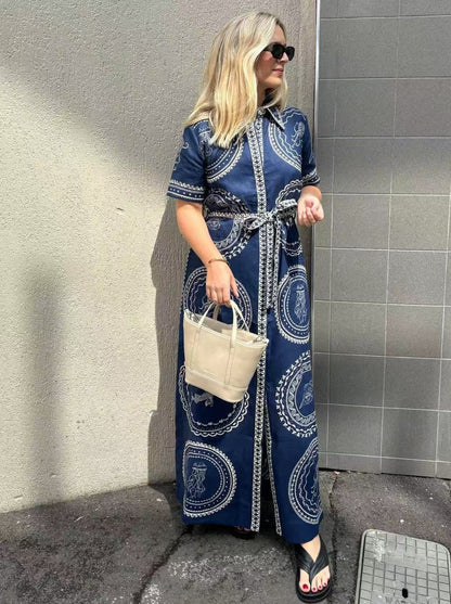 Elegant Blue Linen A-Line Dress with Animal Print