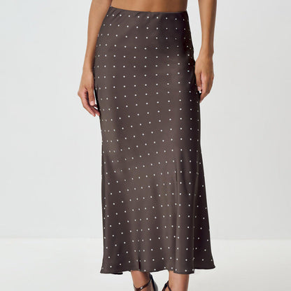 Elegant Polka Dot Satin Skirt Set with Long Sleeve Tie Blouse
