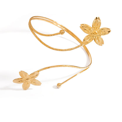 Trendy Stainless Steel Floral Bangle Bracelet - 18K Gold Plated