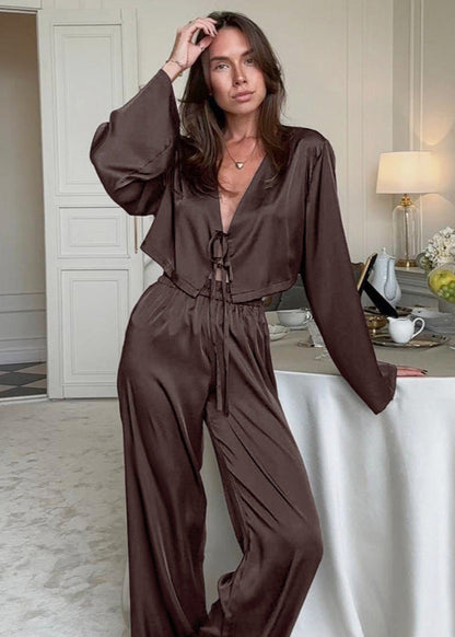 Satin Tie Front Top With Wide Leg Pants
