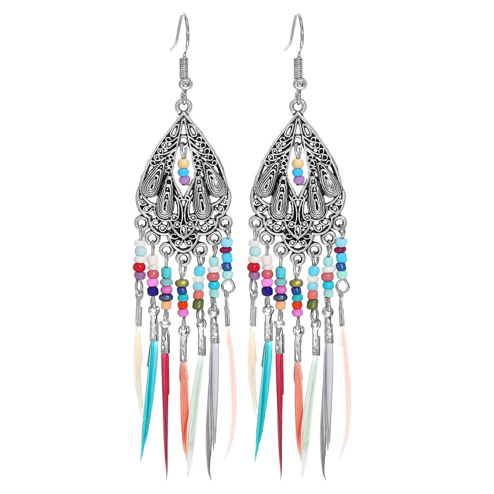 Bohemian Feather Tassel Earrings Vintage Geometric Design