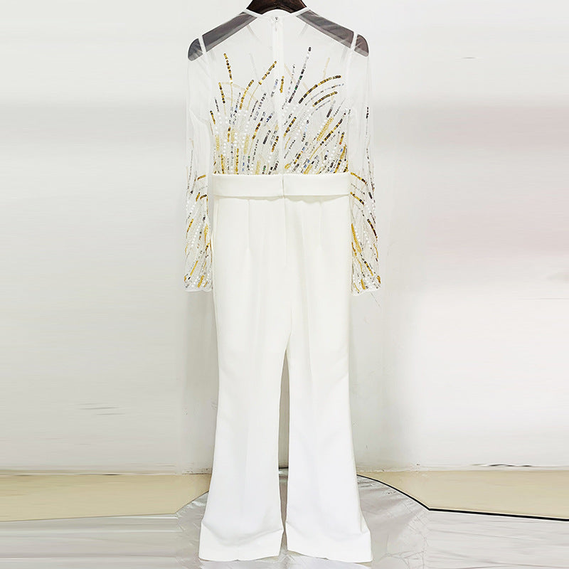 Sequin Jumpsuit with Sheer Overlay
