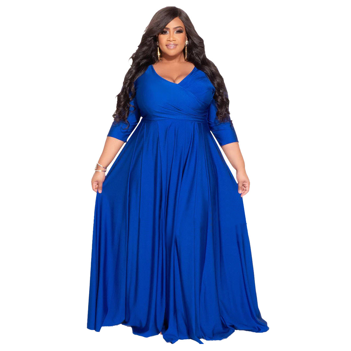 Plus Size Solid Color V-Neck Elegant Long Dress