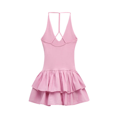 Simple Solid Color Halter Ruffle Dress