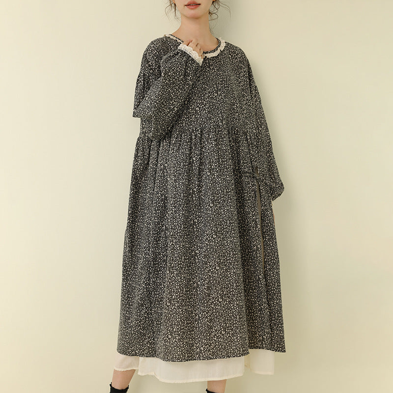 Floral Print Long Sleeve Cotton Linen Dress