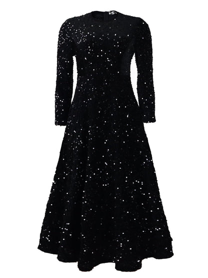 Elegant Long Sleeve Sequin A-Line Dress For Evening Events