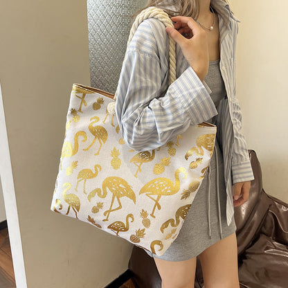 Large Capacity Linen Tote Bag with Dual-Sided Gold Foil Design