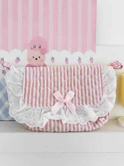 Pastel Striped Heart Lace Crossbody Bag Soft Casual Tote
