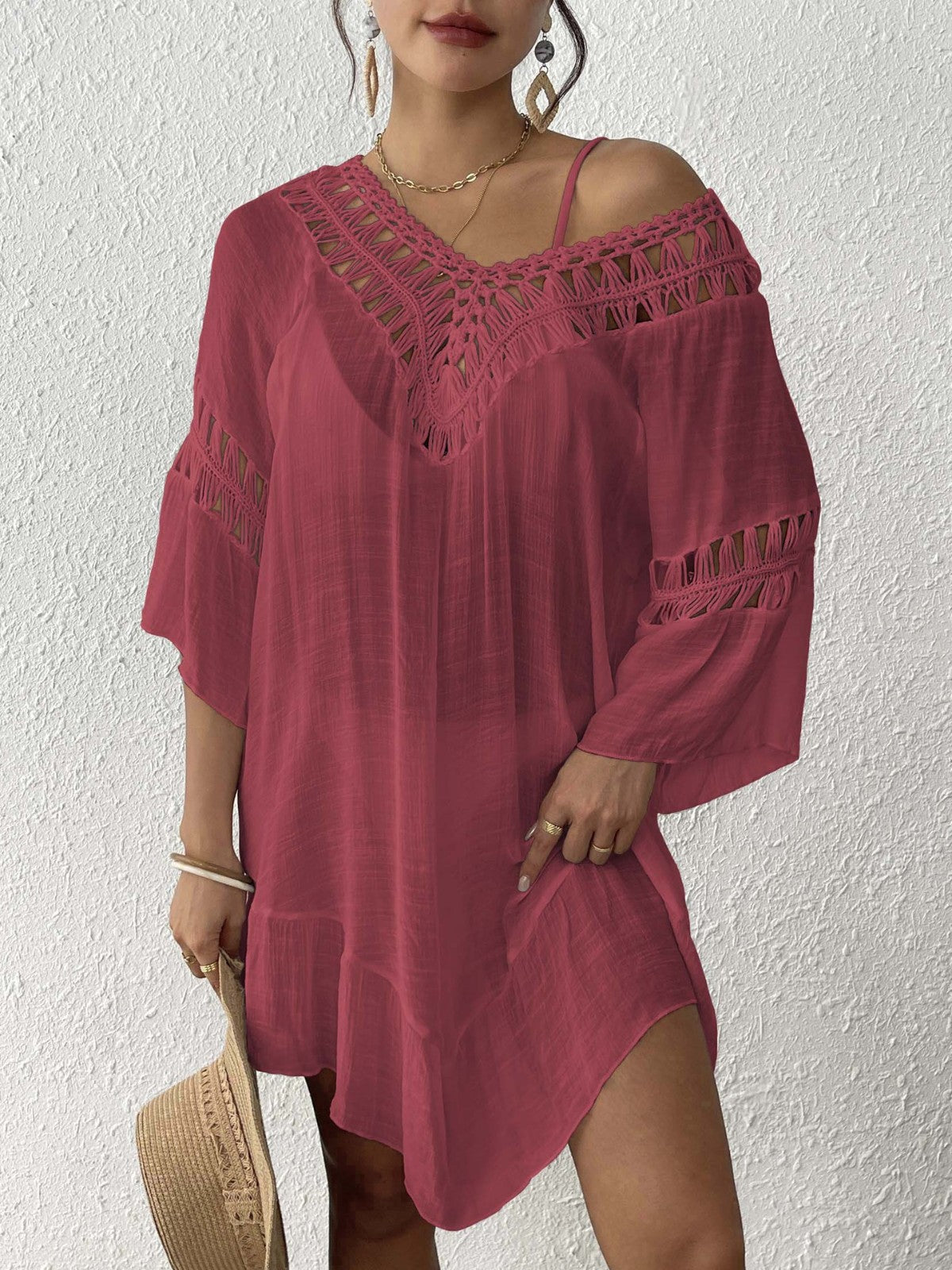 Women'S Crochet Fringe V Back Bikini Cover-Up Dress