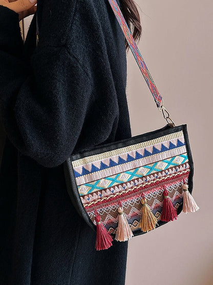 Woven Fringe Crossbody Bag Stylish Cotton Handbag