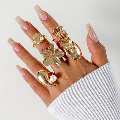 Flower-Decorated Pearl Ring Set Retro Baroque Geometric Rings