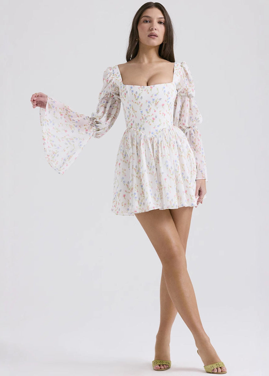 Floral Chiffon Mini Dress With Puff Sleeves
