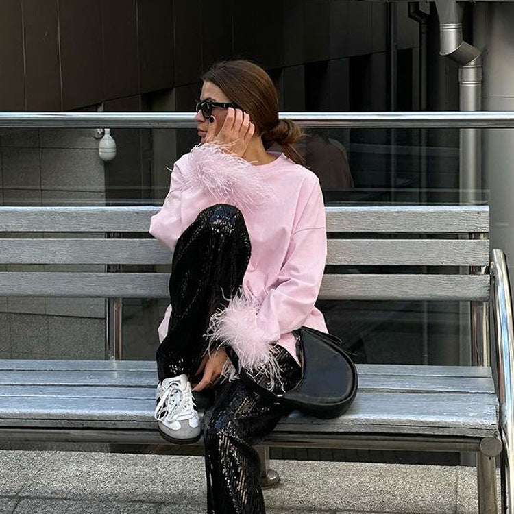 Casual Feather Detail Long Sleeve T-Shirt